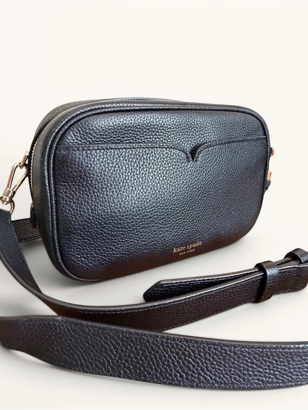 kate spade Black Pebbled Leather Camera Infinite Bag with Gold Hardware